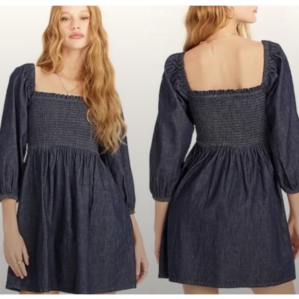 J. Crew Smocked Dark Denim Chambray 100% Cotton Puff Sleeve Short Mini Dress S